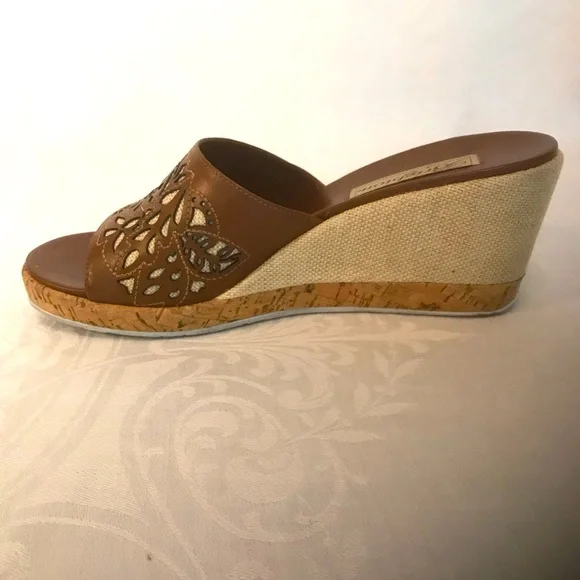 Brighton Moira Caramel Calf Leather with Natural Linen Wedge Sandals 7 1/2 Med - Picture 4 of 12